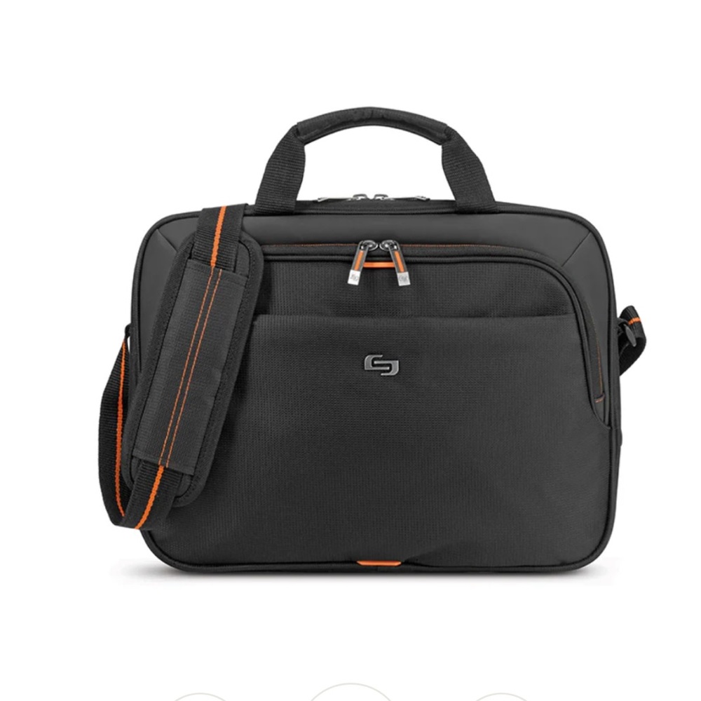Solo Ace Slim Brief laptop bag, black with orange lining, NWT